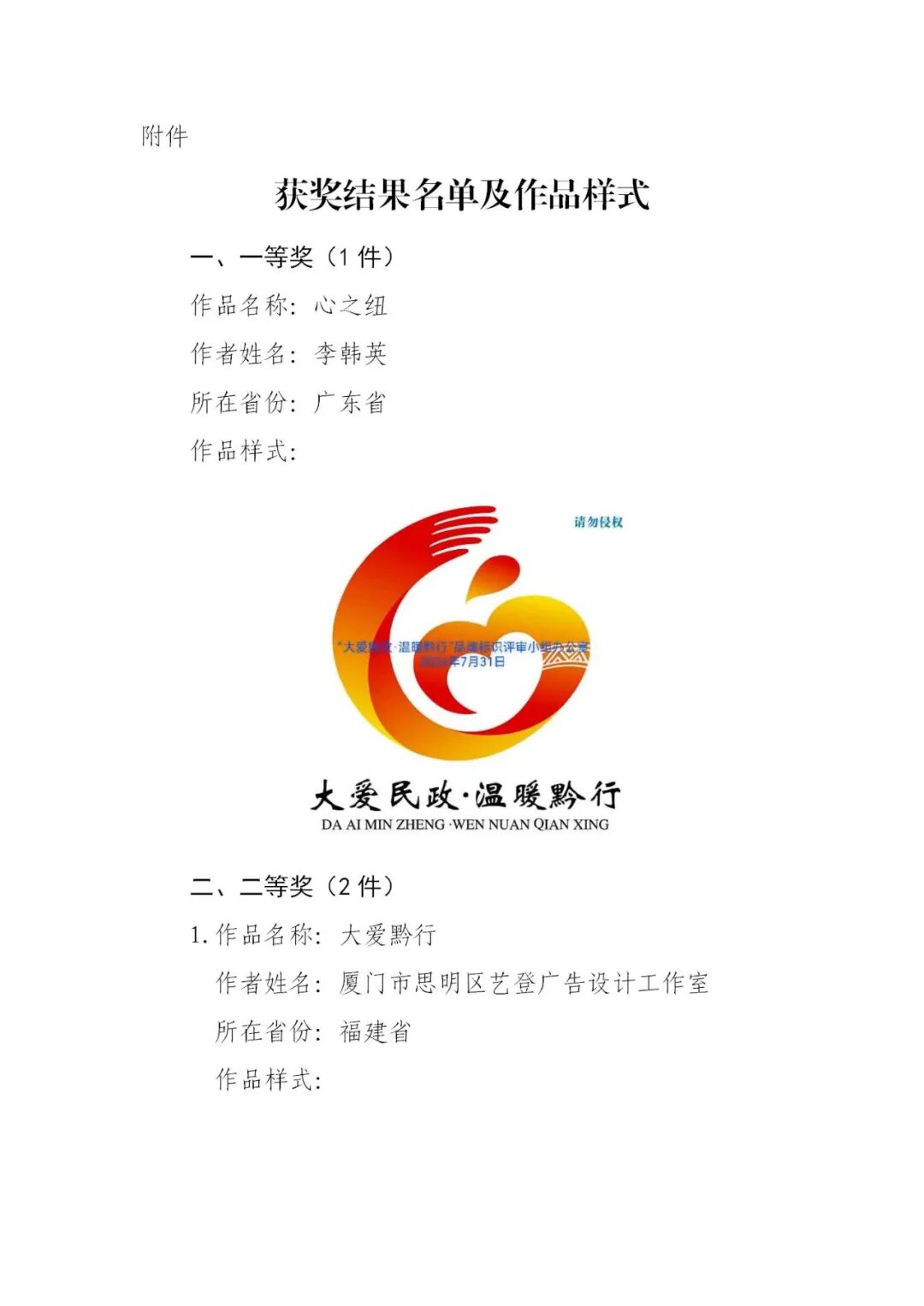 关于“大爱民政·温暖黔行”品牌标识（LOGO）获奖结果的公示